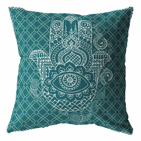 PALACEDESIGNS 28 in. Hamsa Indoor & Outdoor Throw Pillow Teal White & Green PA3645074